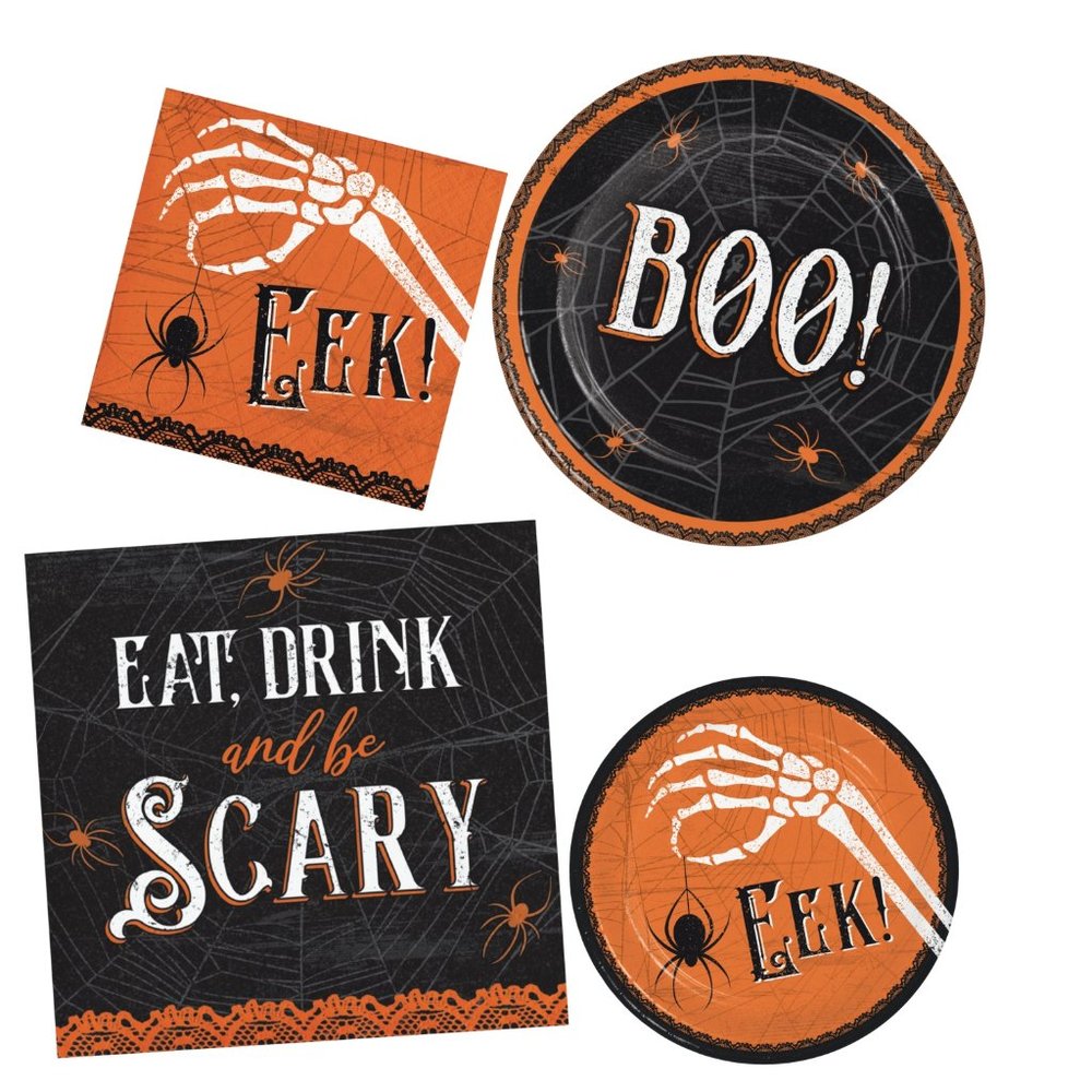 Wicked Webs EEK BOO Scary Skeleton Spider Paper Plates, Napkins 48 Pc Party Set